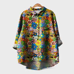 Blusa estiva elegante multicolore con stampa floreale, colletto, bottoni e taschino sul petto