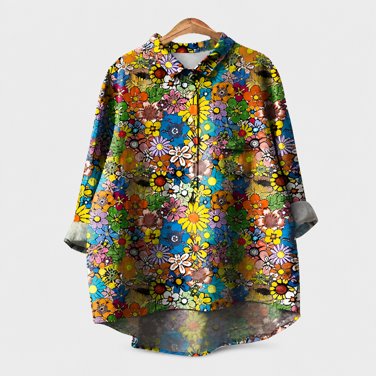 Blusa estiva elegante multicolore con stampa floreale, colletto, bottoni e taschino sul petto