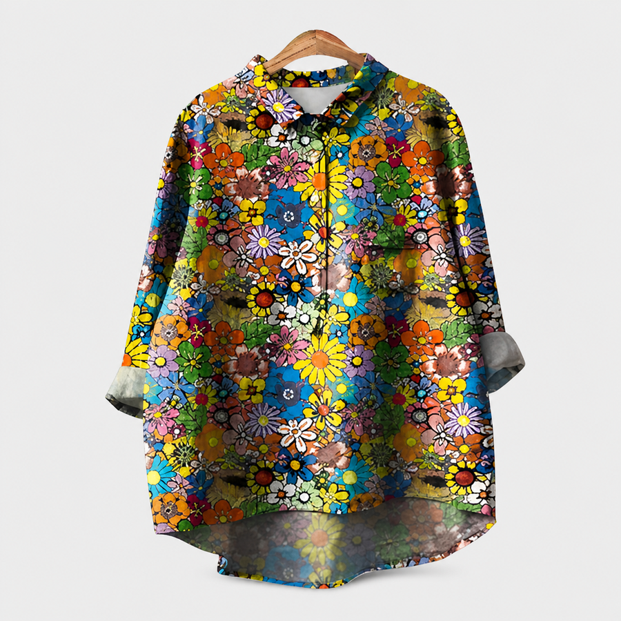 Blusa estiva elegante multicolore con stampa floreale, colletto, bottoni e taschino sul petto