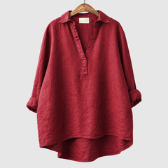Blusa estiva oversize rossa con scollo a V e colletto a camicia, maniche ampie