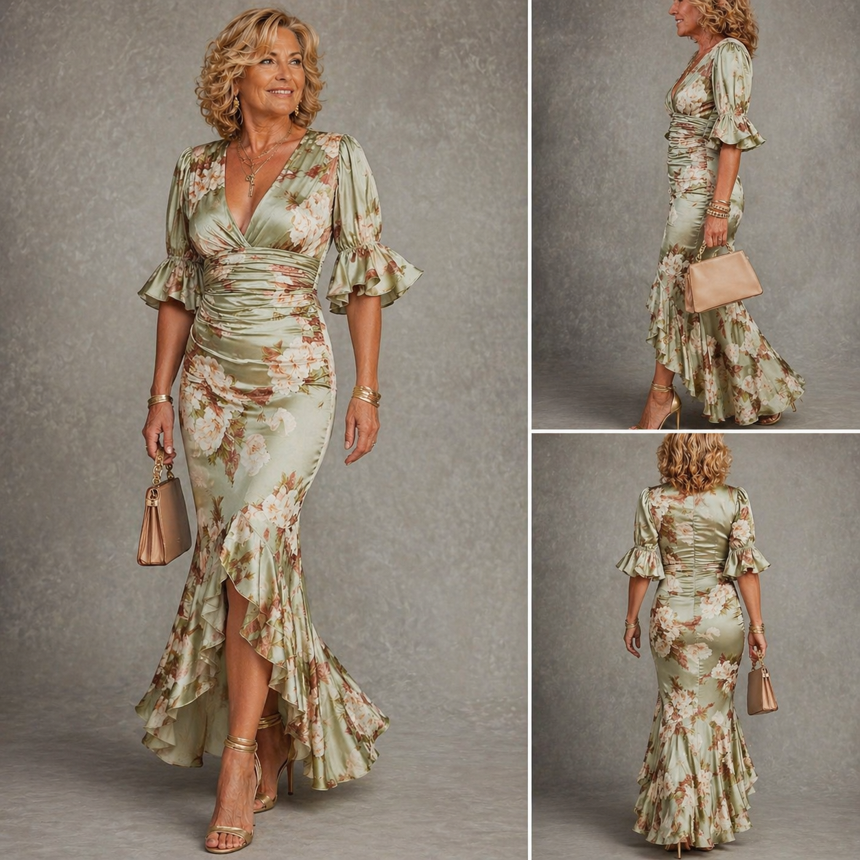 Floral sage maxi dress with V-neck, ruched waist, ruffle sleeves, draped flounce hem.