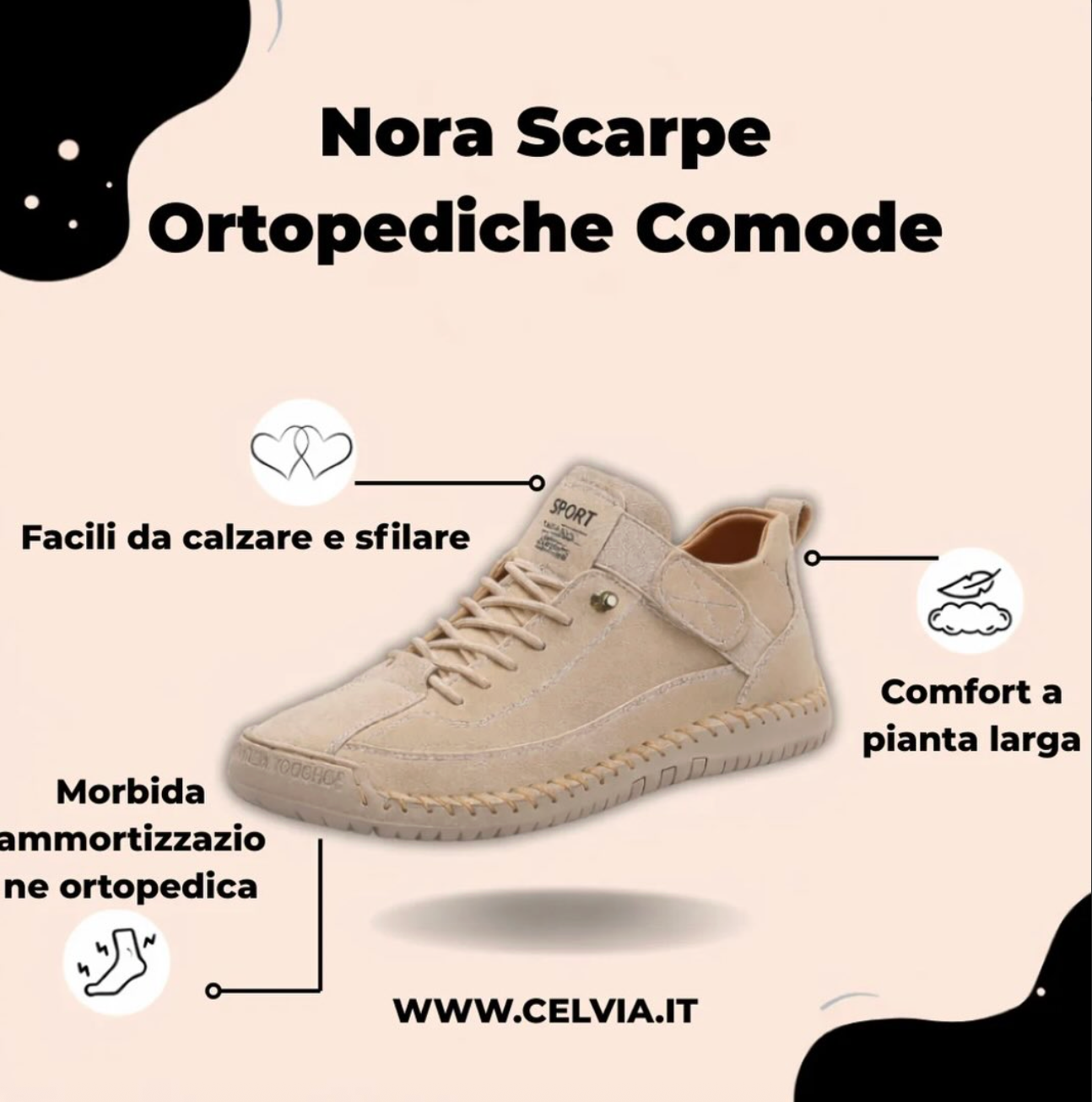 Sneaker ortopediche comode beige con lacci, linguetta con velcro e suola sagomata
