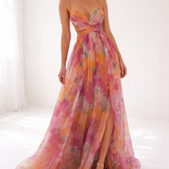 Vestito lungo con spalline sottili e scollo a V, fantasia acquerello rosa-pesca e verde, maxi