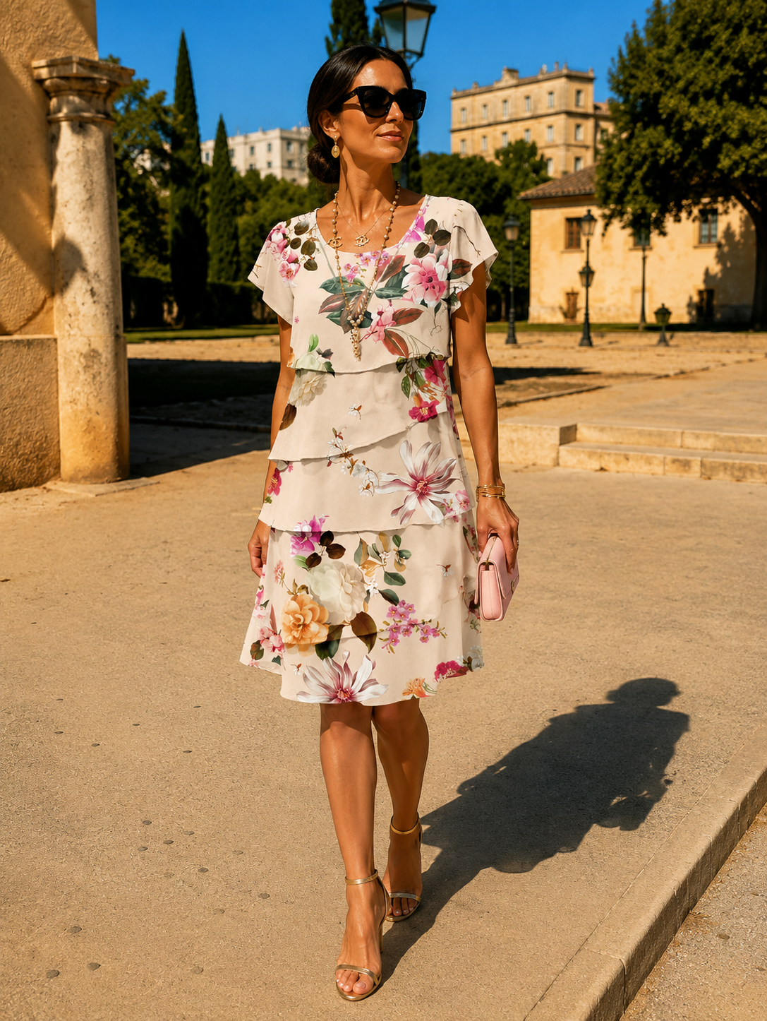 Abito elegante a fiori con volant, maniche corte e scollo rotondo, fondo chiaro