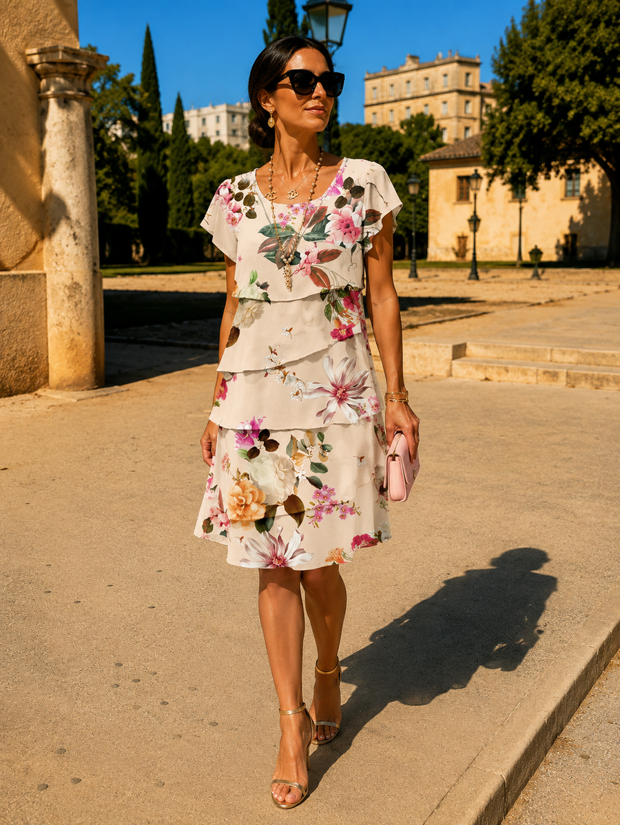 Abito elegante a fiori con volant, maniche corte e scollo rotondo, fondo chiaro