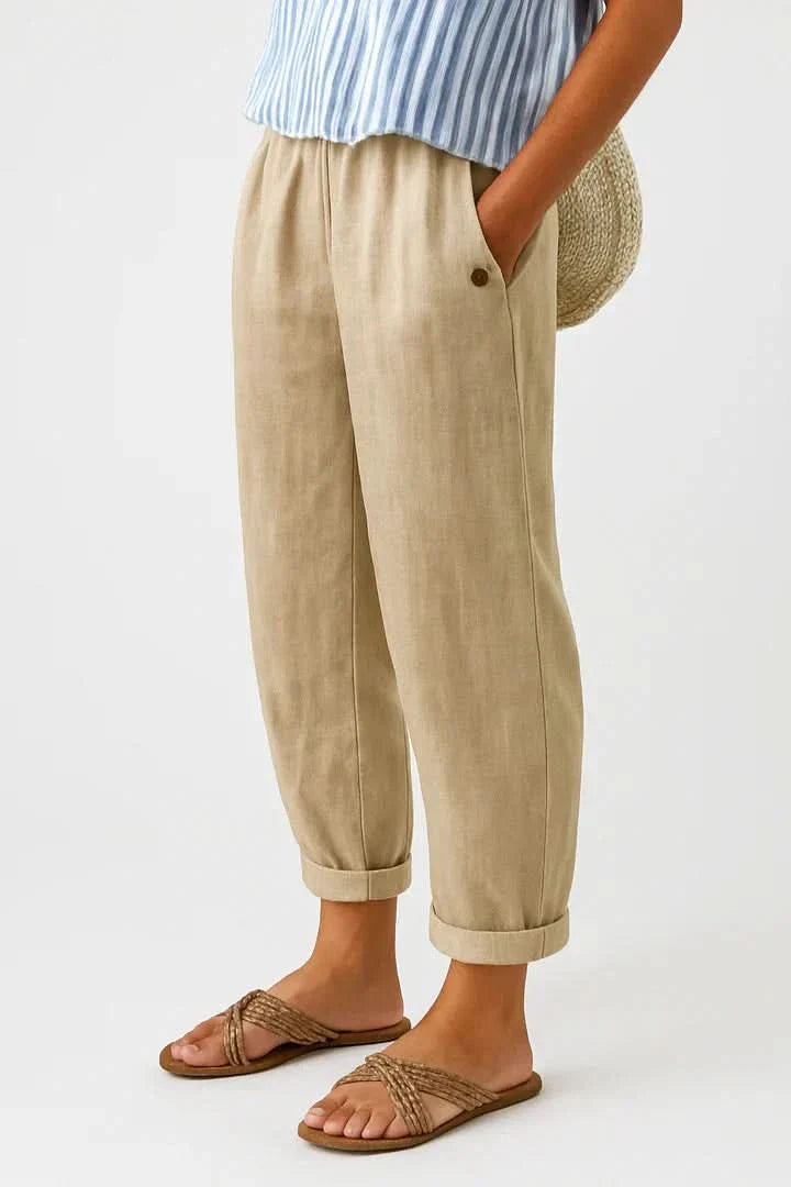 BREEZYFIT beige comfort pants, elastic waist, button detail, cuffed ankles.