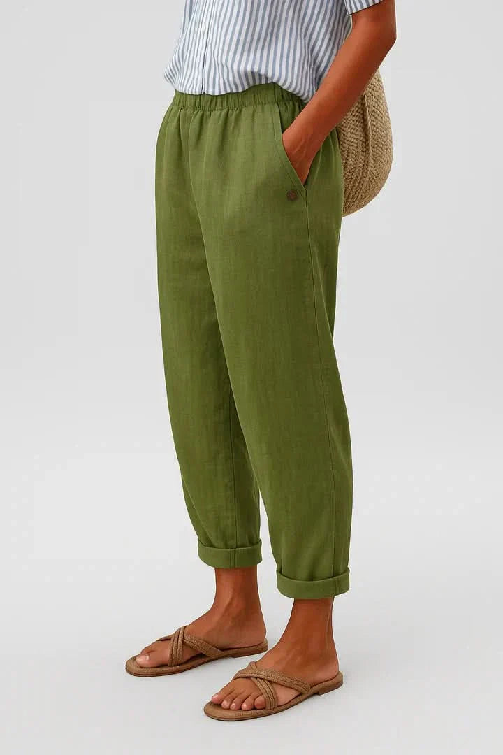 BREEZYFIT green comfort pants, elastic waistband, button detail, gathered cuffs.