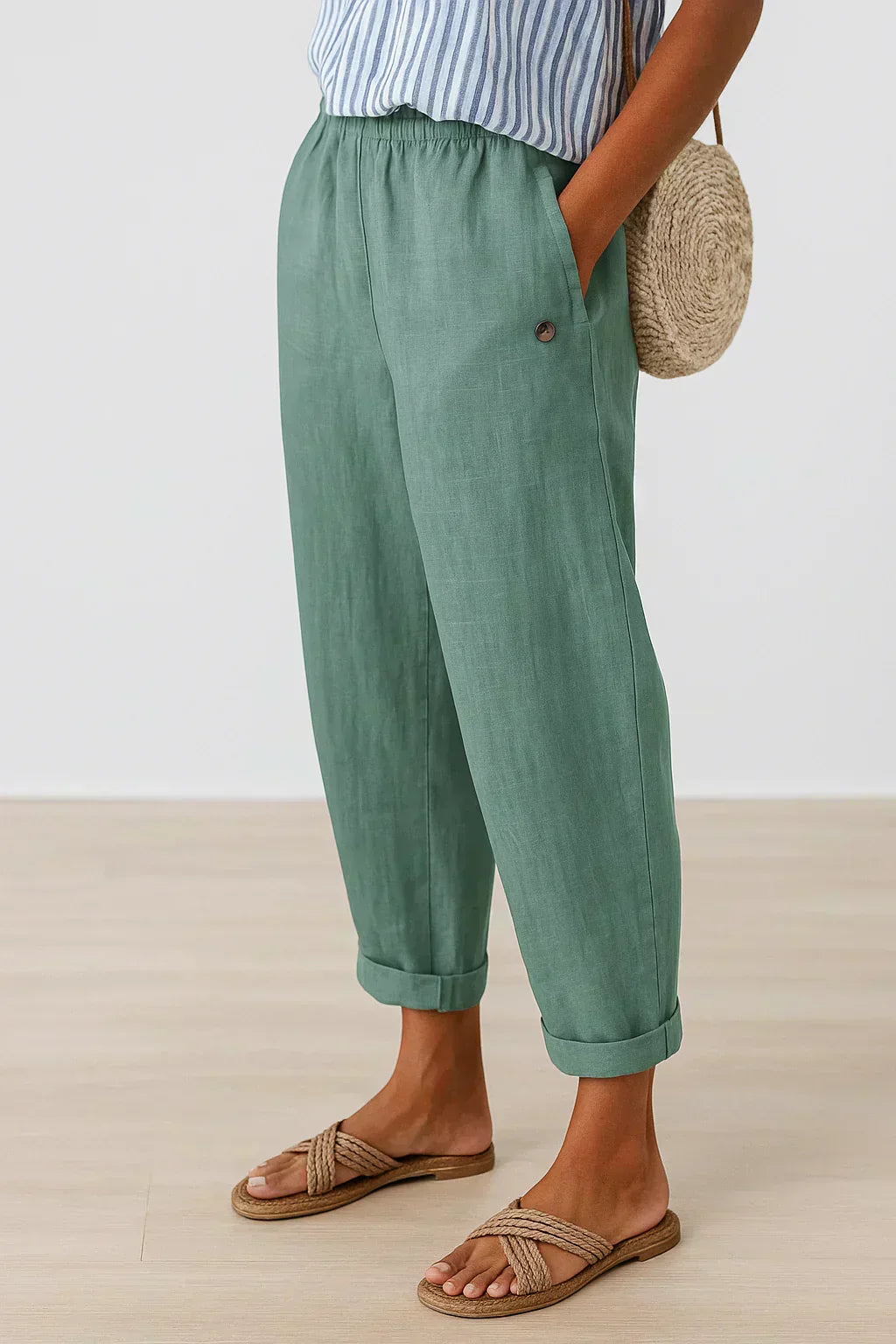 Turquoise linen-look cropped trousers with elastic waistband and button cuff hems