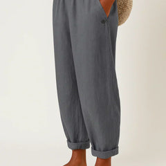 Dark gray linen-look cropped trousers with elastic waistband and button cuff hems