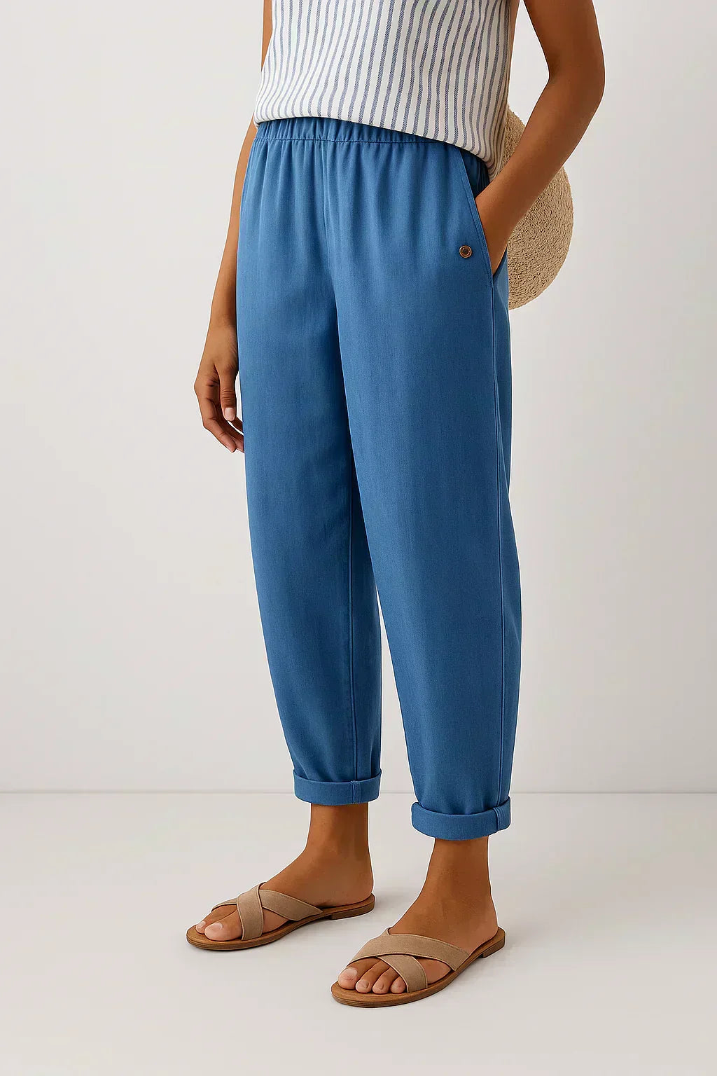 Blue linen-look cropped trousers with elastic waistband and button cuff hems