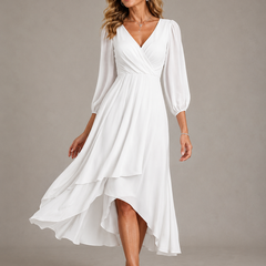 White V-neck long dress with puff sleeves and tiered asymmetrical hem