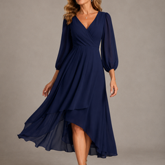Navy blue V-neck long dress with puff sleeves and tiered asymmetrical hem