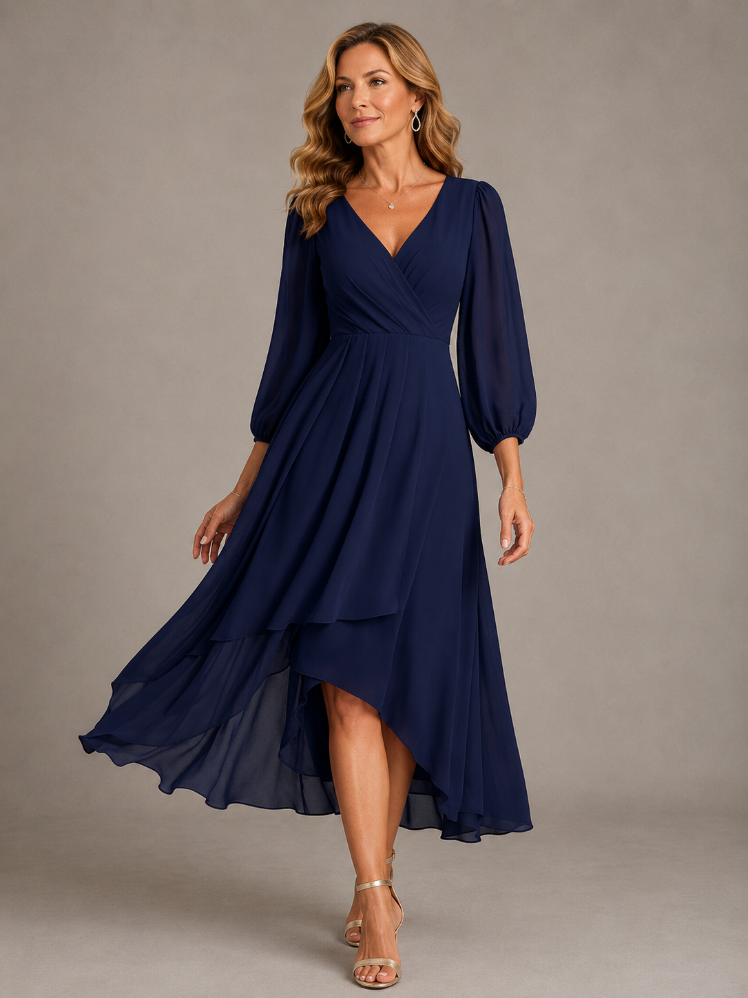 Navy blue V-neck long dress with puff sleeves and tiered asymmetrical hem