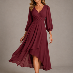 Burgundy V-neck long dress with puff sleeves and tiered asymmetrical hem