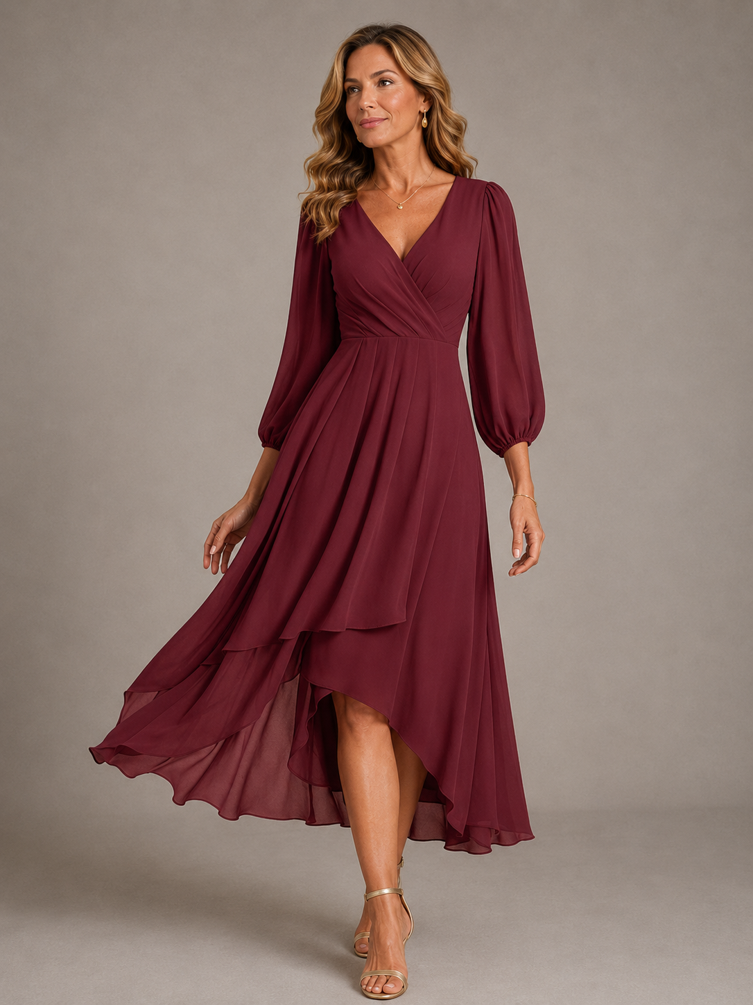 Burgundy V-neck long dress with puff sleeves and tiered asymmetrical hem