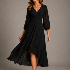 Black V-neck long dress with puff sleeves and tiered asymmetrical hem