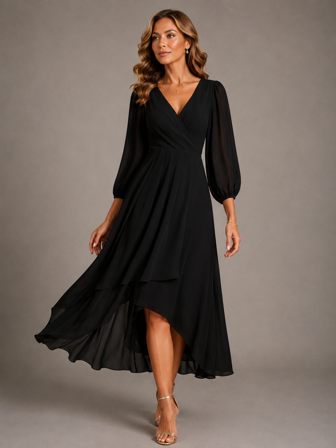 Black V-neck long dress with puff sleeves and tiered asymmetrical hem