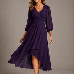Purple V-neck long dress with puff sleeves and tiered asymmetrical hem