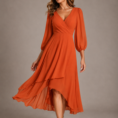Orange V-neck long dress with puff sleeves and tiered asymmetrical hem