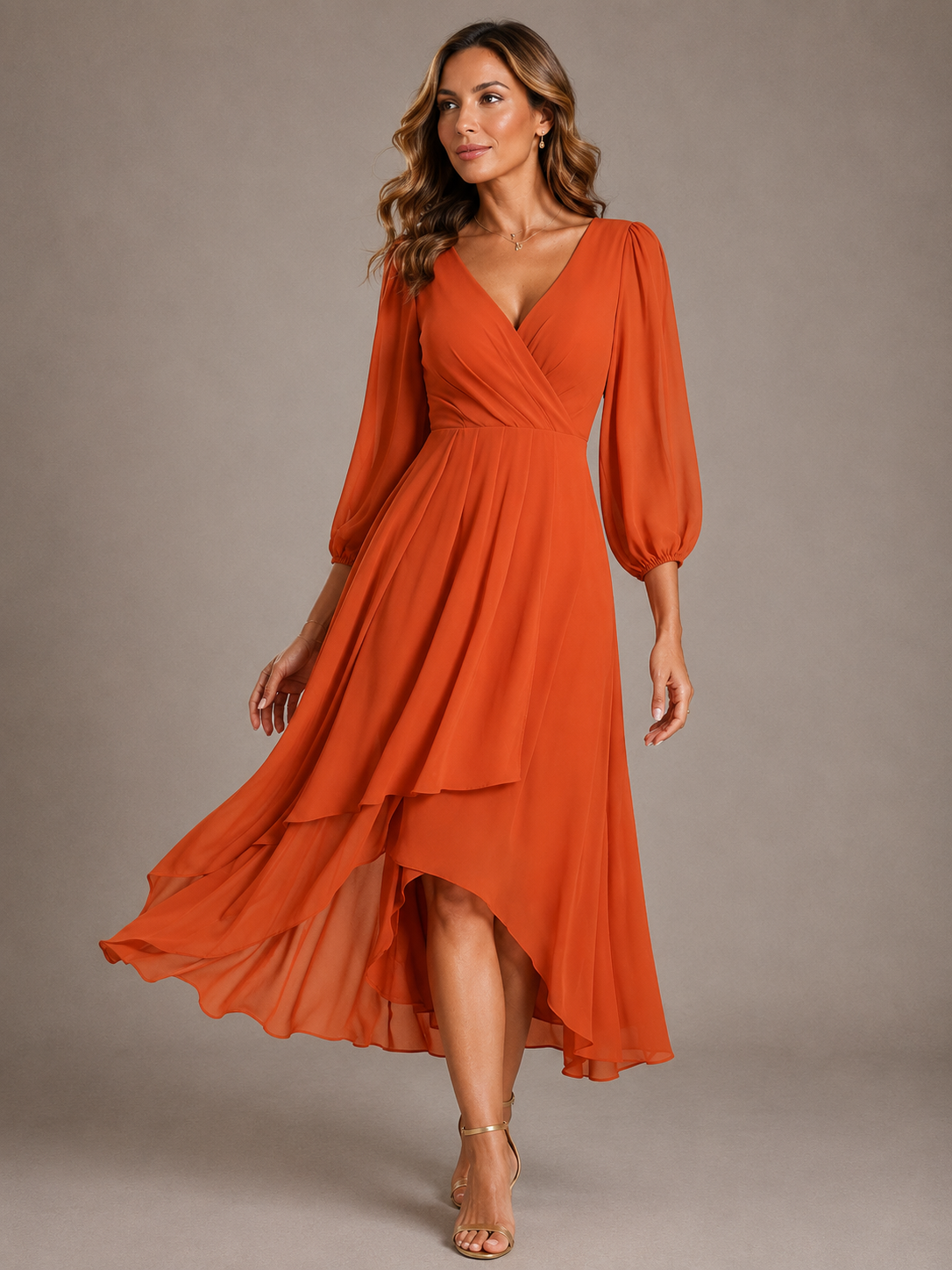 Orange V-neck long dress with puff sleeves and tiered asymmetrical hem