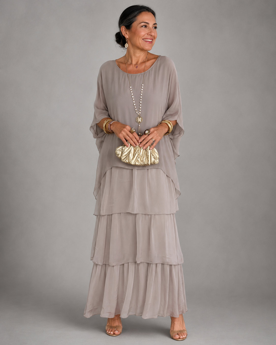 Lavender-gray tiered maxi dress with dolman sleeves and scoop neckline, softly layered skirt