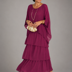 Berry purple tiered maxi dress with dolman sleeves and scoop neckline, flowing layered tiers