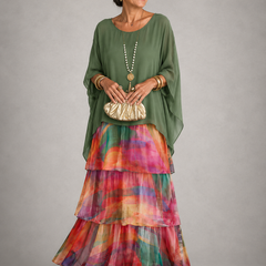 Green tiered maxi dress with multi-color ombre hem, dolman sleeves and scoop neckline
