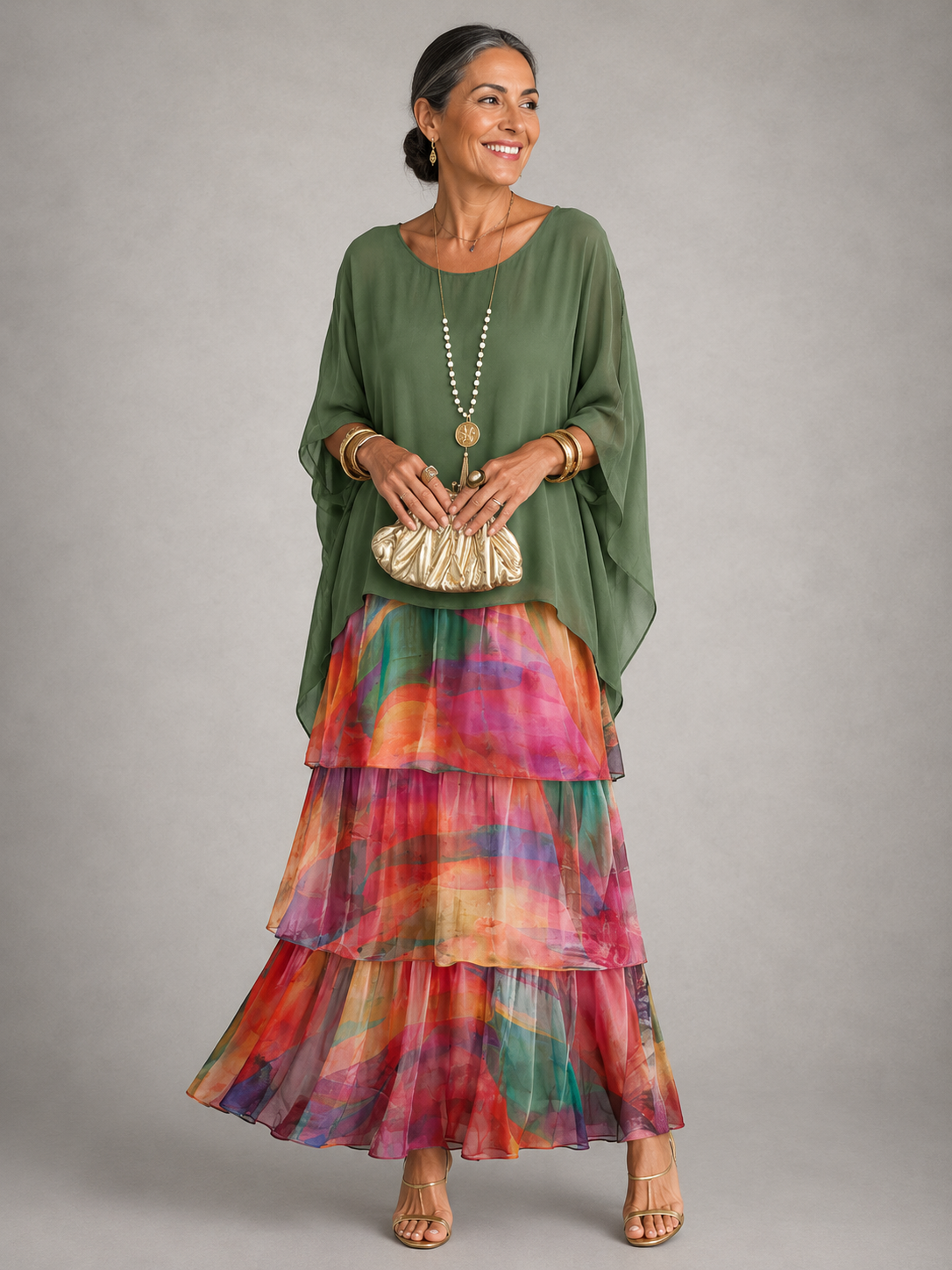 Green tiered maxi dress with multi-color ombre hem, dolman sleeves and scoop neckline