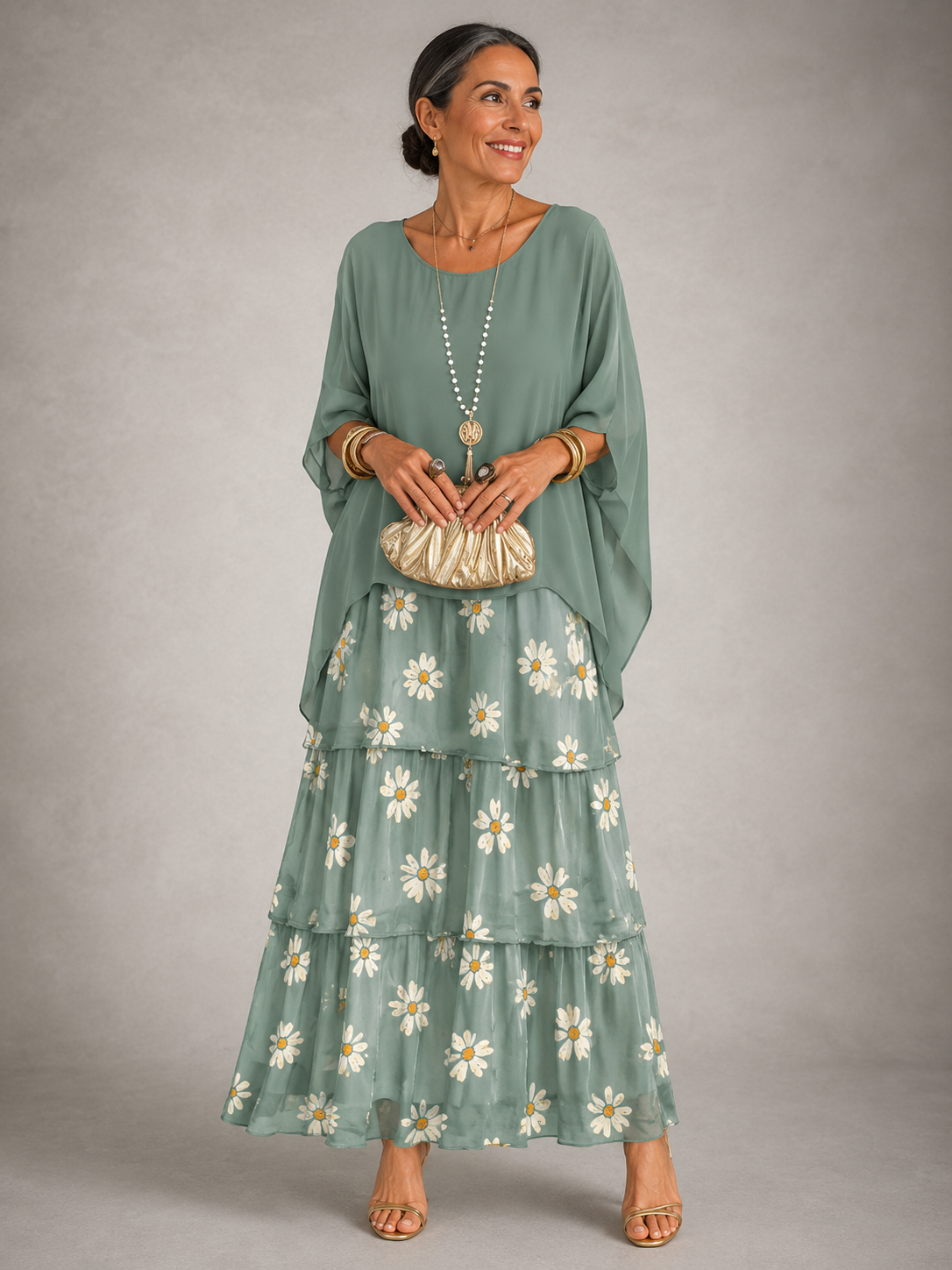 Sage green tiered maxi dress with floral print skirt, dolman sleeves and scoop neckline