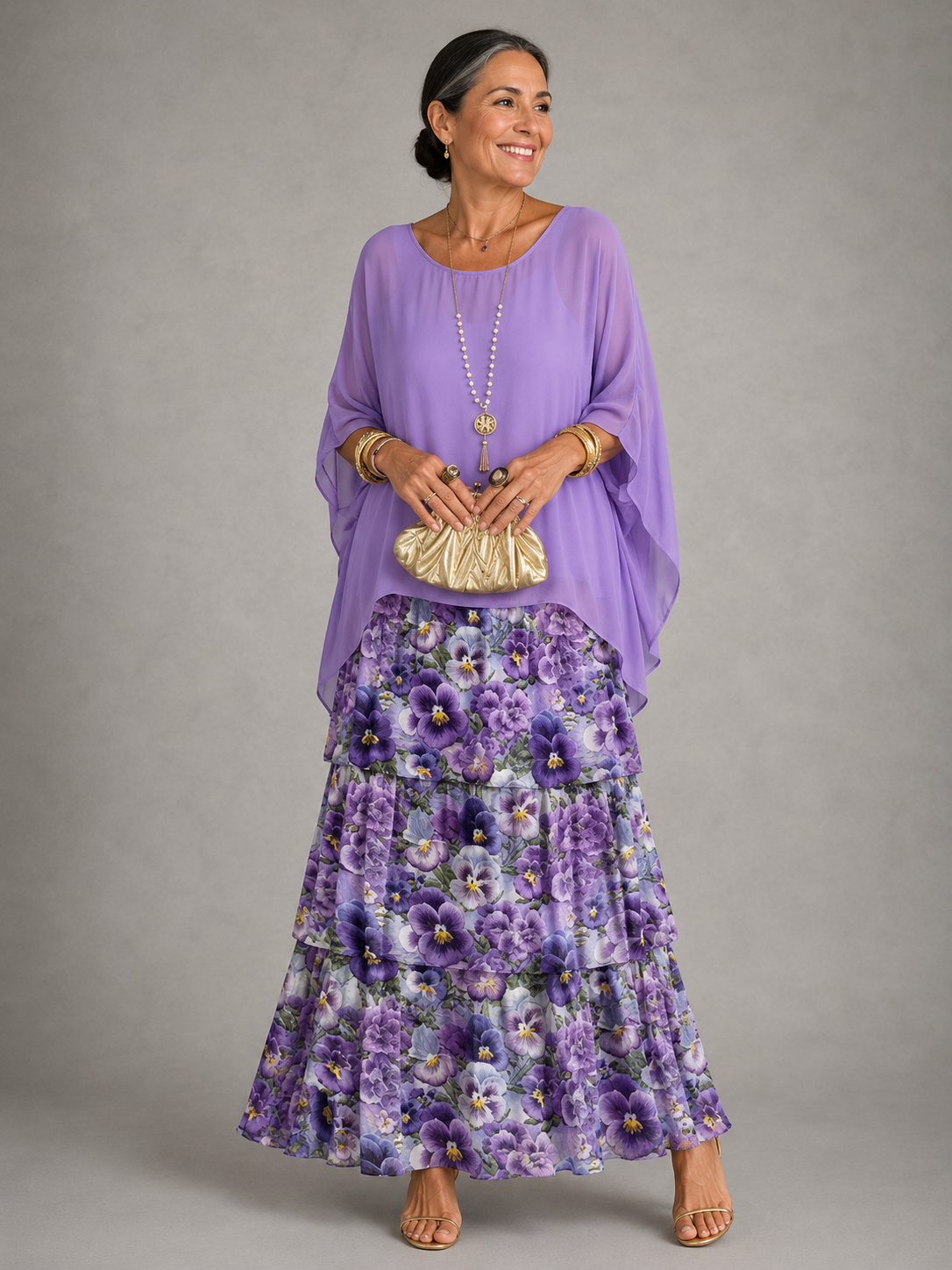 Purple tiered maxi dress with sheer long sleeves and floral ruffle skirt