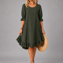 Green Effortless Comfort Dress with puff sleeves and ruffled tiered hem
