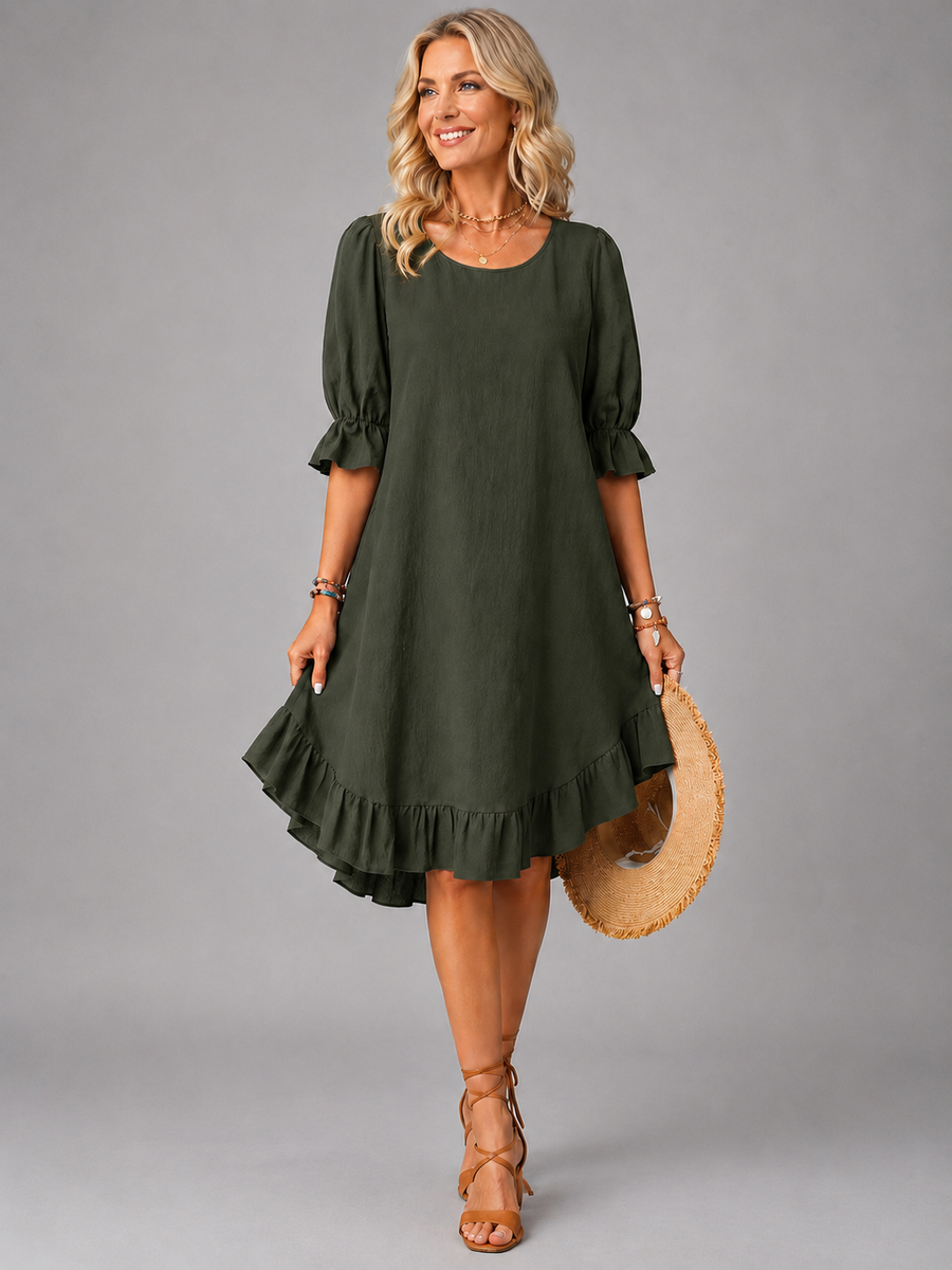 Green Effortless Comfort Dress with puff sleeves and ruffled tiered hem