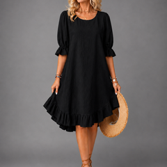 Black Effortless Comfort Dress with puff sleeves and ruffled tiered hem