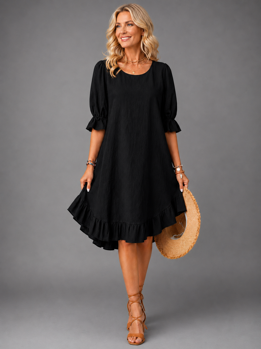 Black Effortless Comfort Dress with puff sleeves and ruffled tiered hem