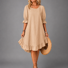 Khaki Effortless Comfort Dress with puff sleeves and ruffled tiered hem