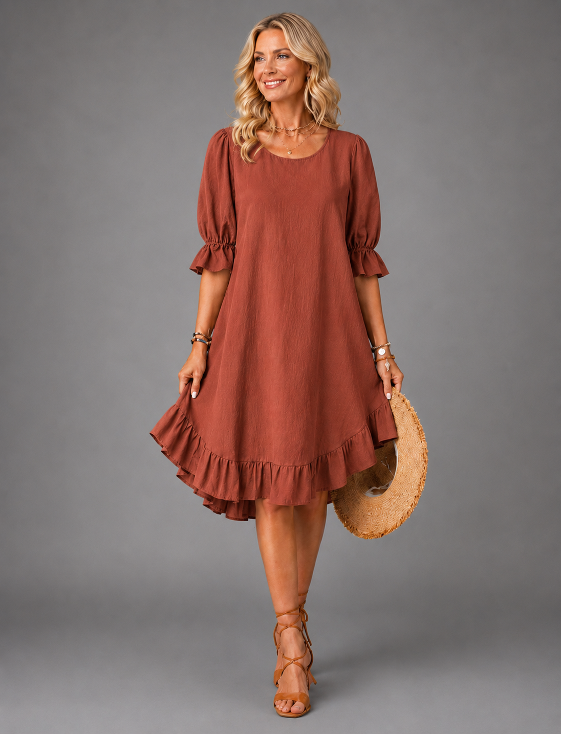 Brown Effortless Comfort Dress with puff sleeves and ruffled tiered hem