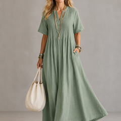 Nathalia™ pleated maxi dress, short sleeves, V-neck, sage green