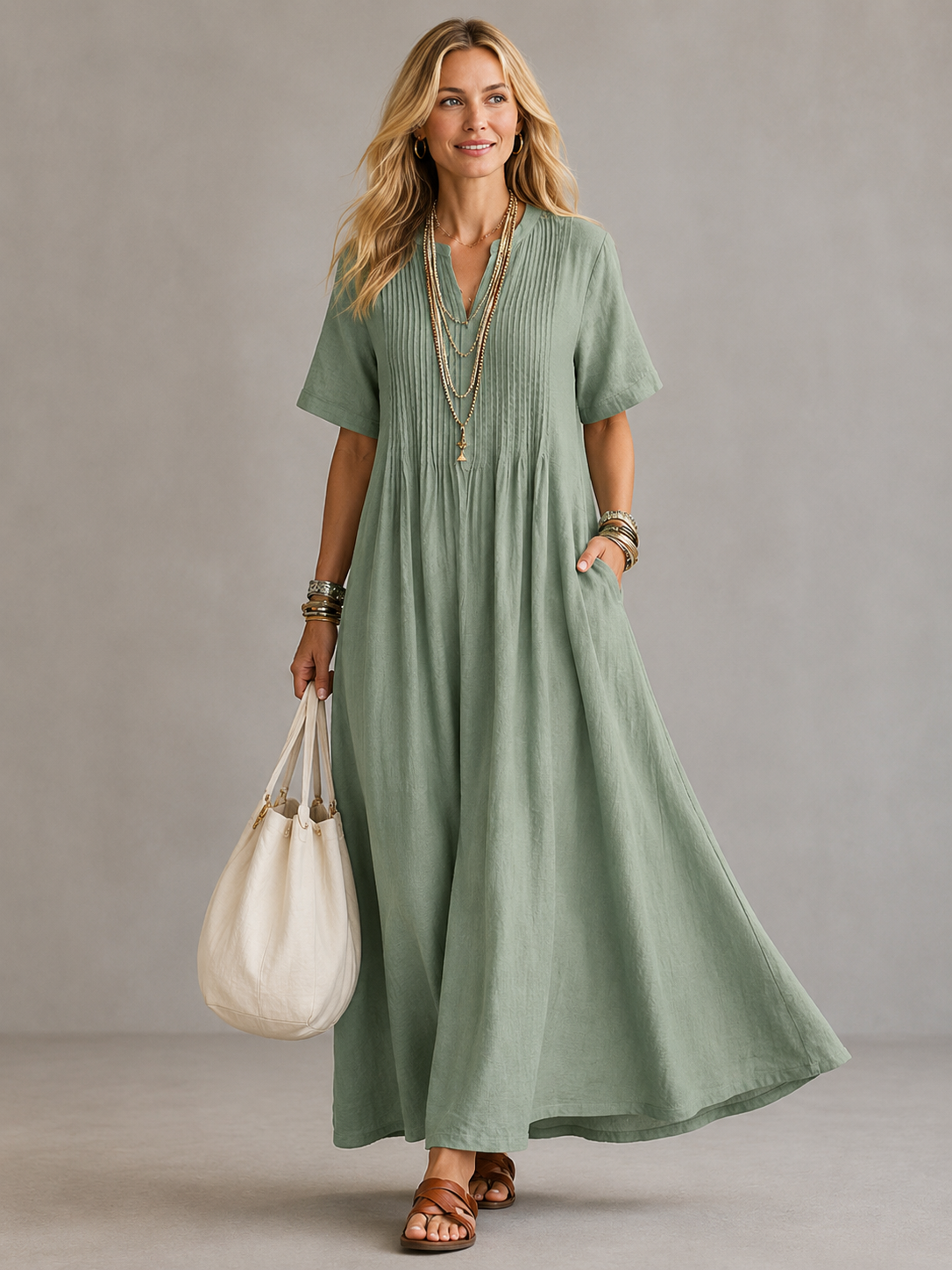 Nathalia™ pleated maxi dress, short sleeves, V-neck, sage green