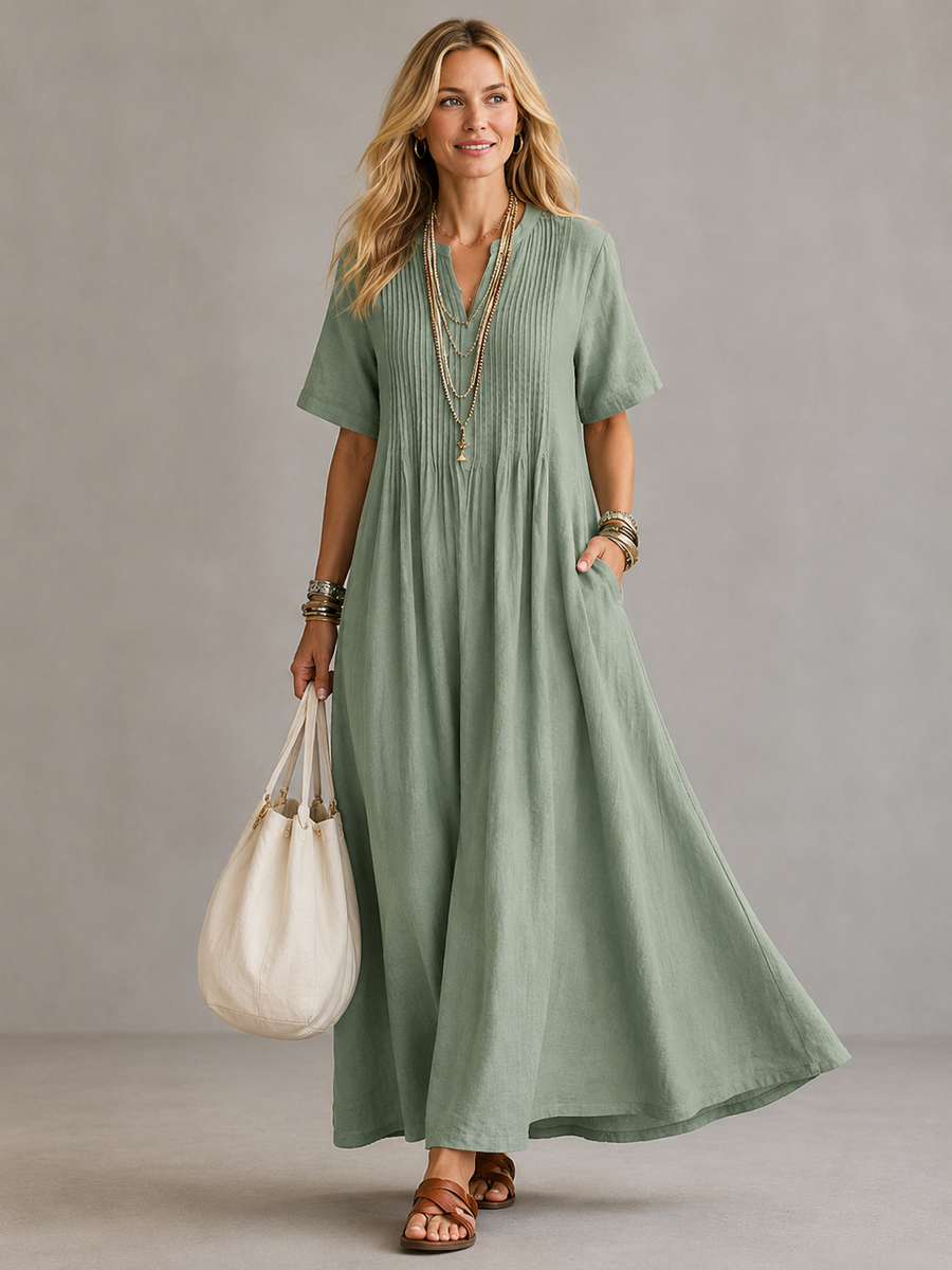 Nathalia™ pleated maxi dress, short sleeves, V-neck, sage green