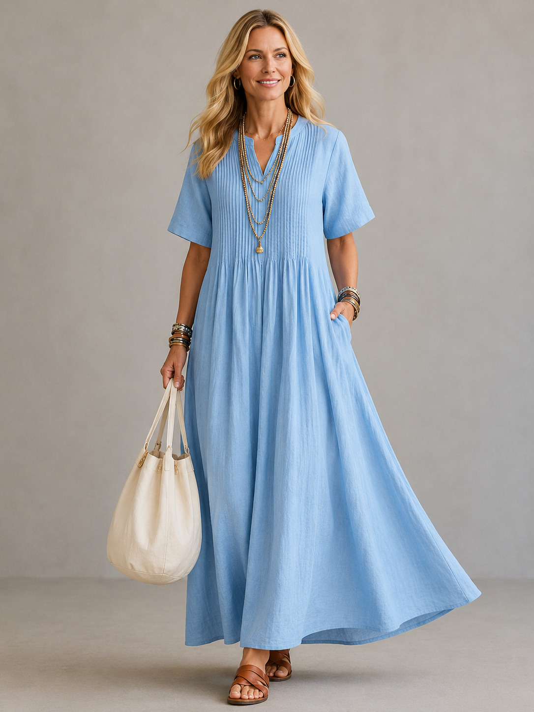 Nathalia™ pleated maxi dress, short sleeves, V-neck, light blue