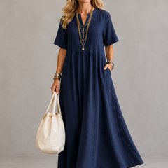 Nathalia™ pleated maxi dress, short sleeves, V-neck, navy blue