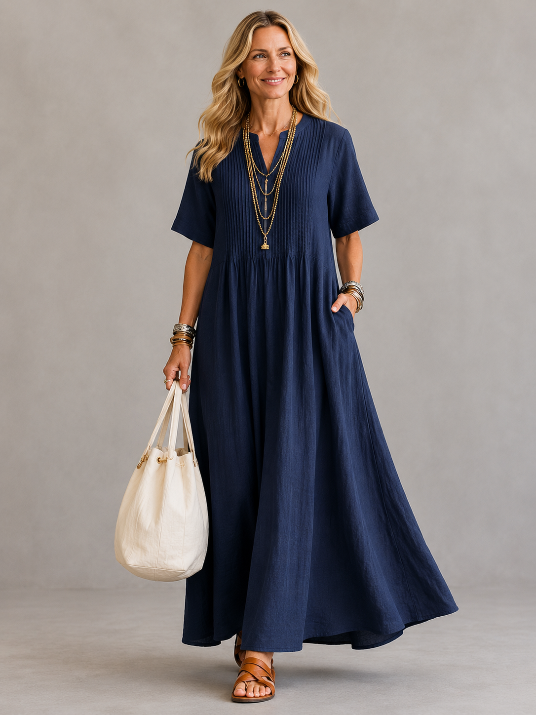 Nathalia™ pleated maxi dress, short sleeves, V-neck, navy blue