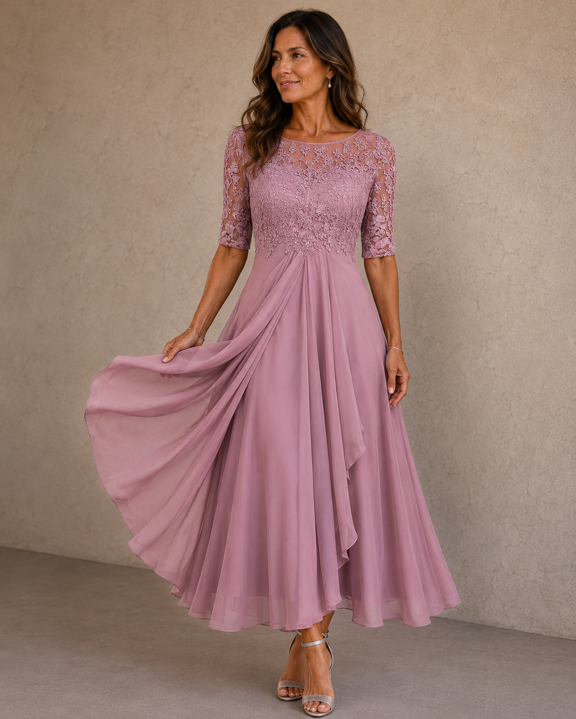 Abito elegante rosa in pizzo e chiffon, scollo rotondo, gonna ampia svolazzante