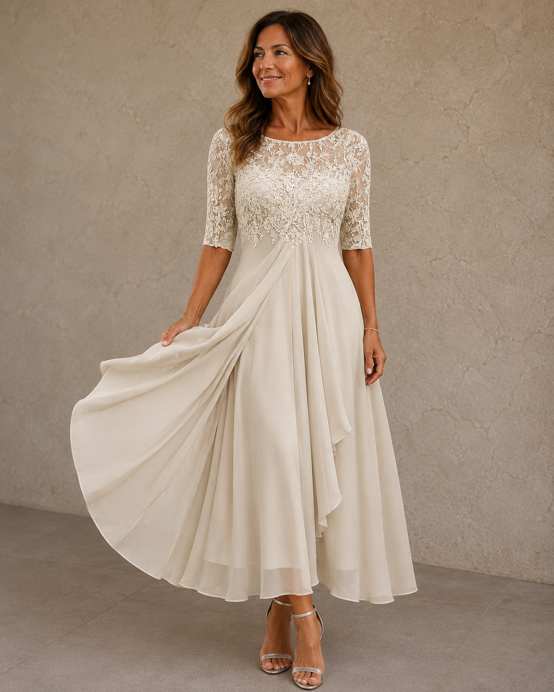 Abito elegante bianco in pizzo e chiffon, maniche corte, gonna ampia