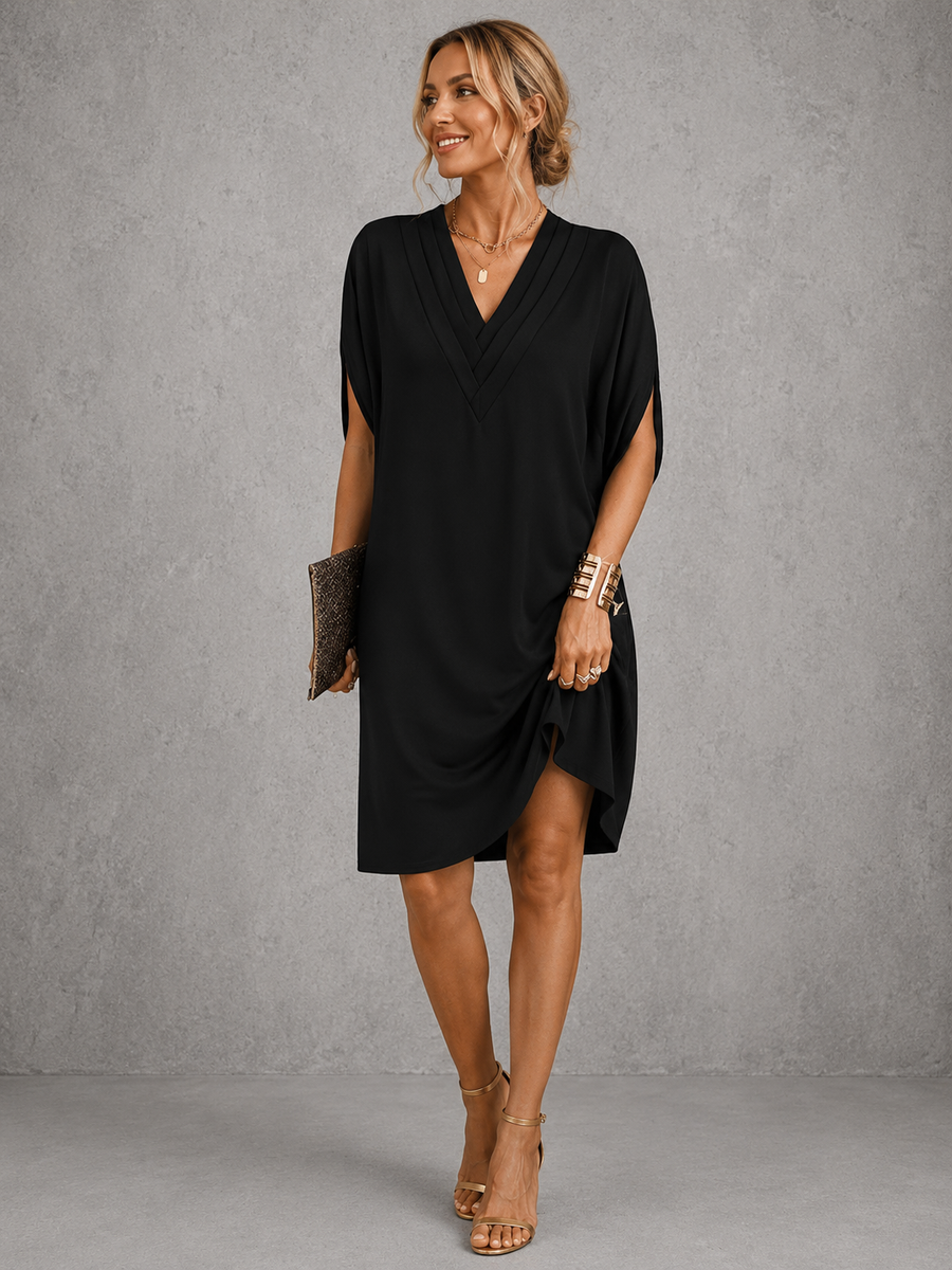 Black midi dress with V-neck draped crossover and short sleeves