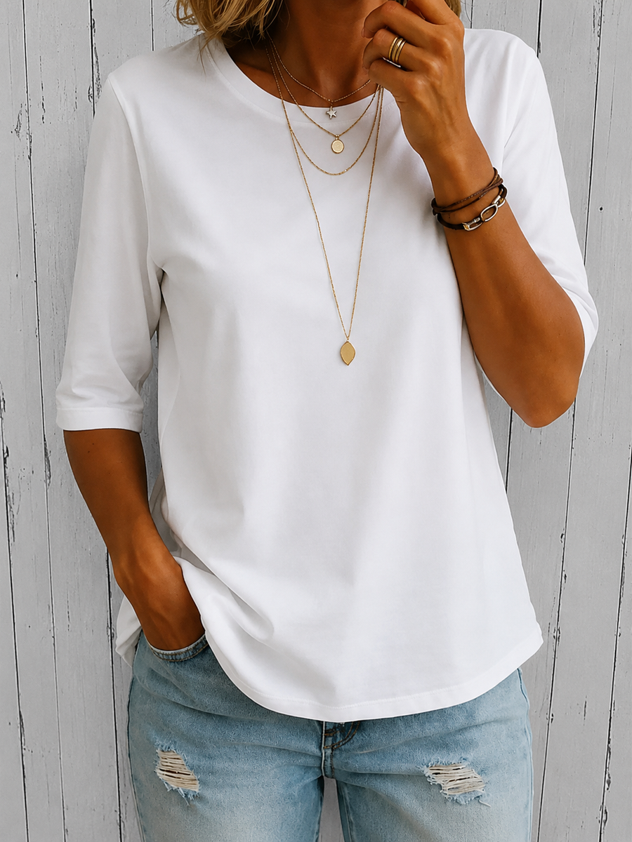 White comfort coverage tee, three-quarter sleeves, crew neck, relaxed fit