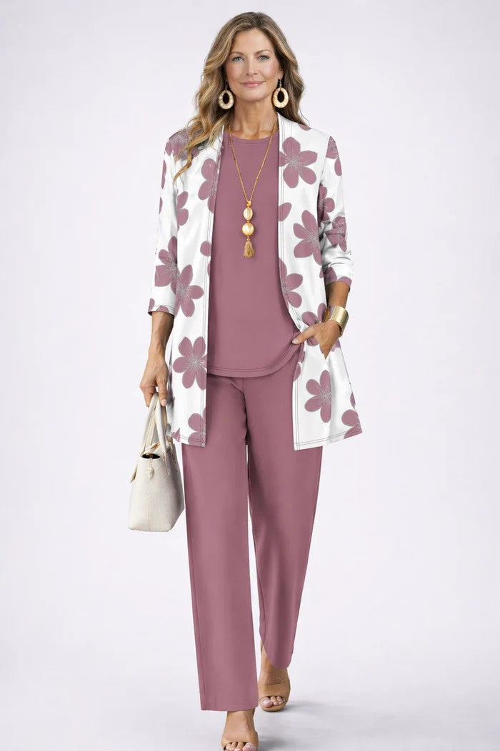 Three-piece trouser set with floral blazer, maroon top, and matching maroon pants