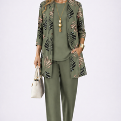 Olive green three-piece trouser set with leaf-pattern jacket and matching top