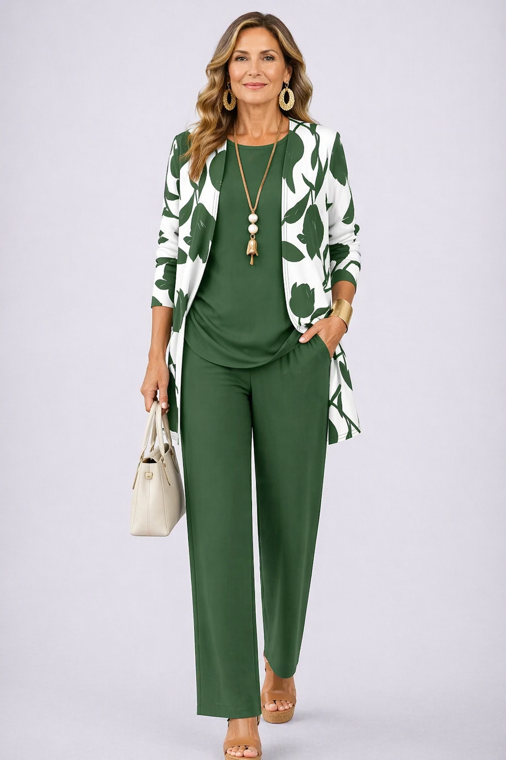 Three-piece trouser set in dark green with white leaf-pattern blazer and matching pants