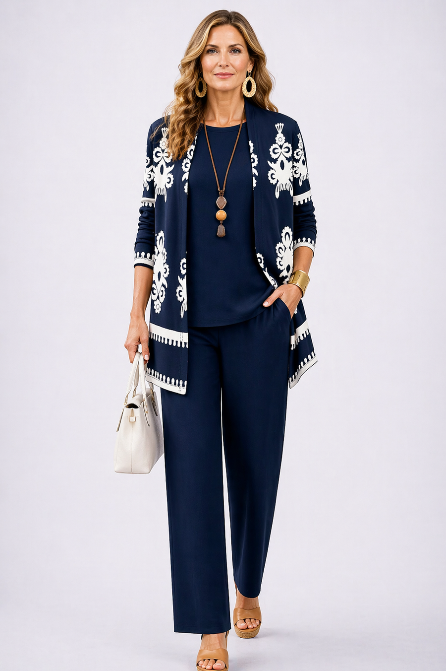 Navy three-piece trouser set with embroidered long cardigan and matching trousers